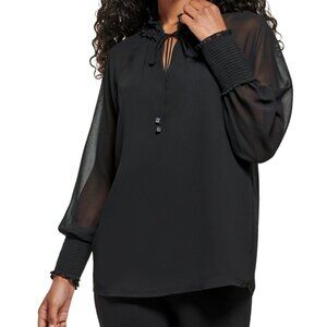 CALVIN KLEIN (L) Solid Black Tie-Front Chiffon Peasant Blouse Top Sheer Ruffle